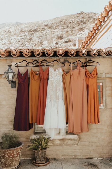 Wedding Colors Burnt Orange, Bridesmaid Color Palette, Bridesmaid Color, Boho Wedding Bridesmaids, Mix Match Bridesmaids, Fall Wedding Bridesmaids, Fall Bridesmaids, Burnt Orange Weddings, Fall Bridesmaid Dresses