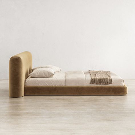 The Alessio bed features a plush, oversized headboard with a gently curved top that extends beyond the width of the bed frame, offering a modern yet cozy aesthetic. The entire piece is upholstered in a rich, camel-colored velvet fabric that provid... Low Profile Beds, Colorful Modern Apartment, Bed Screen, Oversized Headboard, Low Beds, Minimal Bedroom Ideas, Contemporary Beds, Bed Board, Creative Headboard