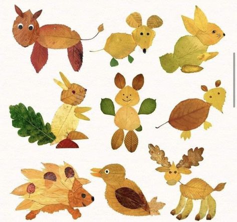 Lovely Leafy ideas!!! - Traed Bach Mwdlyd Autumn Leaf Crafts Kids, Leaf Art Diy, Autumn Leaves Craft, Leaf Collage, Autumn Leaves Art, Leaf Animals, Nature Projects, Fall Arts And Crafts, Easy Animals