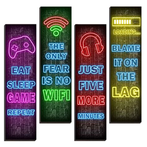 PRICES MAY VARY. Proper Decor Size: 3.2 x 12 inches and thickness is approx 0.2 inches, which is sufficient to satisfy your daily application and replacement., and the suitable size is nice for hanging on the wall or door to add more fun and light bedroom Neon Gaming Themed Styles: the boy wall decor is decorated with various game themed text and patterns, which is very suitable for game lovers, full of cool and stylish feeling, it can also be adopted as a decoration for game themed parties, whi Boys Bedroom Posters, Gaming Themed Bedroom, Gaming Wall Decor, Boy Wall Decor, Boys Wall Decor, Bedroom Neon, Funny Feelings, Teenager Gifts, Boy’s Room