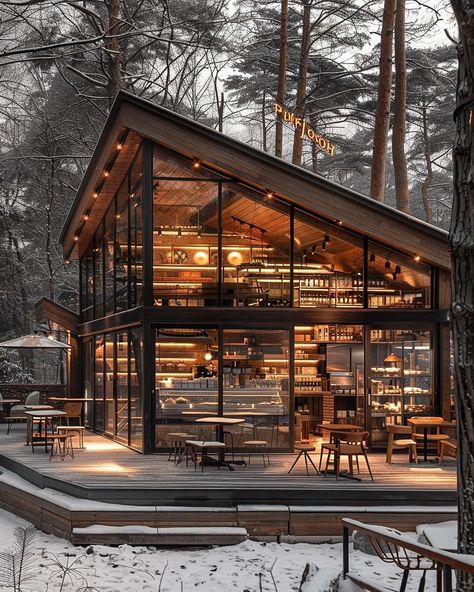 Snowy Haven Café by Maedeh Hemati @mah_design_architecture. 🔗 https://www.amazingarchitecture.com/visualization/snowy-haven-cafe-by-maedeh-hemati Maedeh Hemati: Indulge in the serene charm of this coffee shop, designed in the distinctive style of Philip Johnson architecture. The gray wood and glass facade, captured in a mesmerizing close-up shot, invites you into a world of warmth and elegance. Nestled amidst an outdoor snowy forest, the natural light filters through the glass panels, creat... Philip Johnson Architecture, Rustic Coffee Shop, Forest Cafe, Wood Cafe, Glass Facade, Shop Facade, Mountain Coffee, Philip Johnson, Light Filters