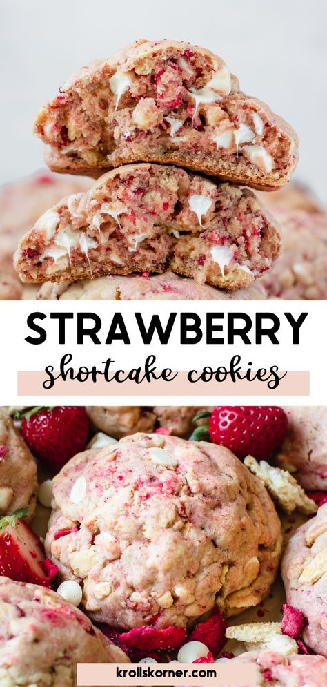 cookies made with freeze dried strawberries and white chocolate chips Cookies With White Chocolate Chips, Shortcake Cookies, Cookies With White Chocolate, Strawberry Shortcake Cookies, Big Cookie, Lost 100 Pounds, Strawberry Cookies, Strawberry Flavor, Gourmet Cookies