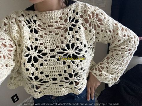 "Free Crochet Stocking Patterns: Get Ready for Christmas!" Lace Sweater Crochet Pattern, Crop Crochet Sweater Pattern, Crochet Lace Sweater Pattern, Crochet Lacy Sweater, Flower Pattern Crochet Top, Crochet Sweater Flower, Crochet Project Inspiration, Crochet Spring Sweater, Crochet Flower Jumper