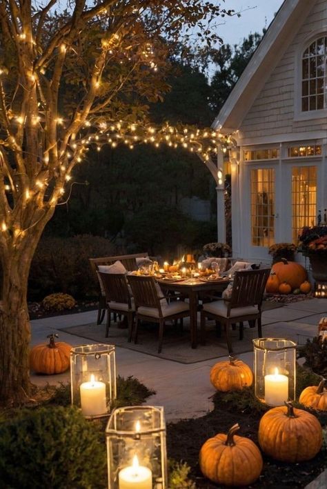 Diy Fall Decor For Porch, Decorating Outside For Fall, Thanksgiving Tablescapes Outdoor, Fall House Decor Outdoor, Fall Deck Ideas, Hay Fall Decor, Fall Backyard Decor, Fall Decor Ideas For Outside, Outdoor Thanksgiving Dinner Party Ideas