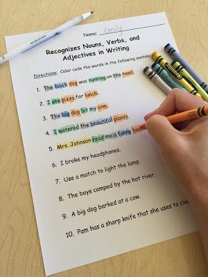 Parts of Speech Activity: Color coding nouns, verbs, and adjectives in a sentence. Teaching Nouns Verbs Adjectives, Adjective Noun Verb Activities, Parts Of A Sentence 2nd Grade, Nouns Adjectives And Verbs Activity, Adjective Activities 3rd, Teaching Parts Of Speech, Adjective Sentences, Parts Of Speech Activity, Parts Of Speech Sentences