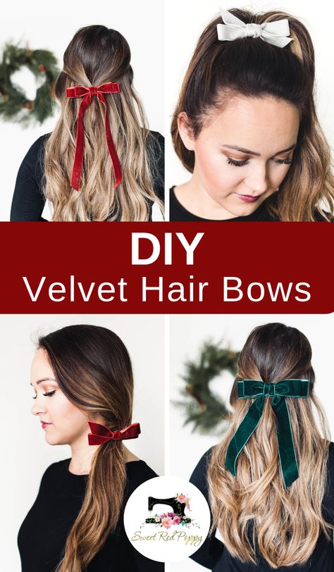 Velvet Hair Bows, Velvet Bows, Bows Diy, Christmas Hair Bows, Beginner Sewing Projects Easy, Fabric Headbands, Velvet Hair, Christmas Hair, Diy Bow