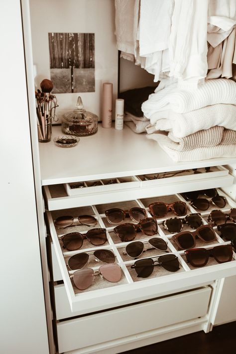 DIY Sunglass Organizer Tray Sunglass Storage Ideas, Ikea Pax Komplement, Mafia House, Walk In Closet Ikea, Sunglass Storage, Sunglass Organizer, Women Cave, Ikea Rast Hack, Organize Ideas