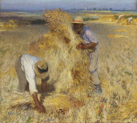 George Clausen (British, 1852-1944), Harvesters: Setting up Sheaves, 1899. Oil on canvas, George Clausen, Farmer Painting, Petroglyphs Art, English Landscape, Farm Art, English Art, British English, Inspiration Painting, British Art