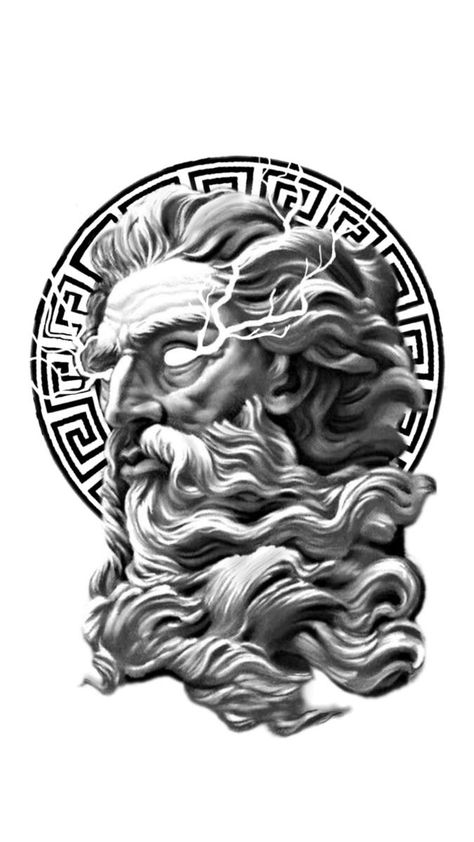 Zeus Tattoo Chest, Zues Tattoo Stencil, Dios Griego Tattoo, Poseidon Tattoo Stencil, Zues Tattoo Designs, Zeus Tattoo Design Greek Gods, Zeus Tattoo Design Ideas, Zeus Tattoo Stencil, Greece Tattoo Mythology