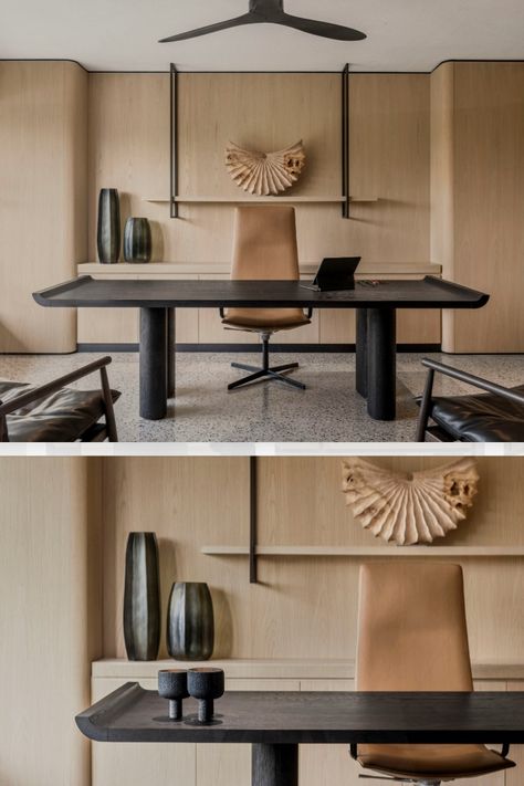 This serene office scene is from the headquarters of Architects Block722. With its architectural form, the dark wooden desk rests in front of the light symmetrical background. It stands out as the plane for creativity. Desk Furniture Office, Simple Modern Office Design, Stunning Office Interiors, Modern At Home Office, Best Office Background, Wooden Working Desk, Modern Organic Desk, Japandi Office Desk, Modern Office Desk Executive