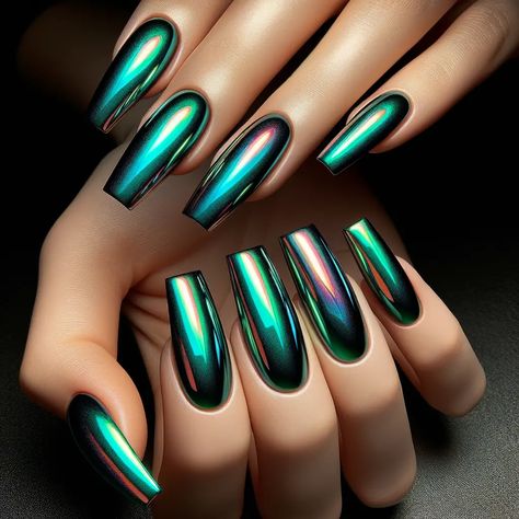 13 Jaw-Dropping Green Acrylic Nail Designs - NeedleStar Purple Green Chrome Nails, Army Green Chrome Nails, Green Metallic Nails, Metallic Green Nails, Chrome Nails Green, Green Chrome Nails Designs, Emerald Green Chrome Nails, Nail Ideas Chrome, Green Chrome Nails