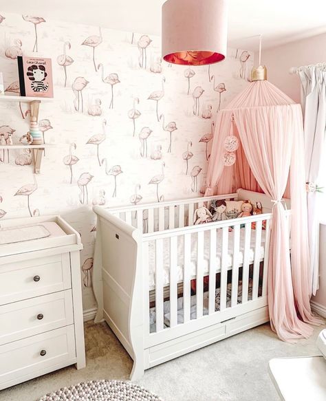 Flamingo Baby Nursery, Pink Baby Room Decor, Pink Nursery Girl, Canopy Crib, Flamingo Nursery Decor, Girls Room Curtains, Pink Baby Room, Girl Nursery Ideas, Baby Flamingo