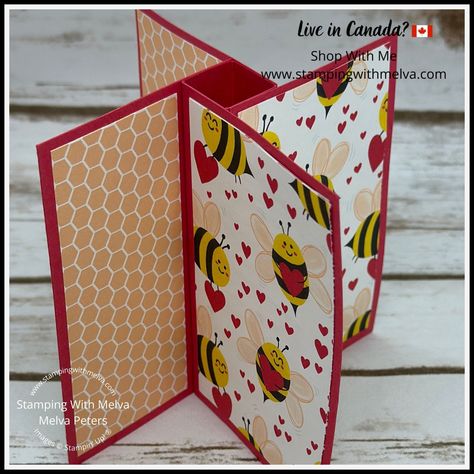 Do you love WOW cards? I think the Pinwheel Tower card is one of this! Check out this adorable version with a cute little bee on the front - can be for Valentine's Day or for any occasion! Video tutorial on my blog: https://www.stampingwithmelva.com/2023/12/share-it-sunday-blog-hop-december-2023.html #stampinwithmelva #melvapeters #stampingwithmelva #stampinupcanada #stampinup Pinwheel Tower Card, Tower Card, Bee My Valentine, Month Signs, Bee Mine, Fold Cards, December 2023, 12th Birthday, Punch Cards