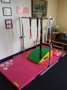 Diy Gymnastics Room, Home Gymnastics Room For Kids, At Home Gymnastics Room, Kids Gymnastics At Home, Balance Beam Diy, Home Gymnastics Room, Gymnastics Room Ideas, Gymnastics Bedroom Ideas, Gymnastic Room