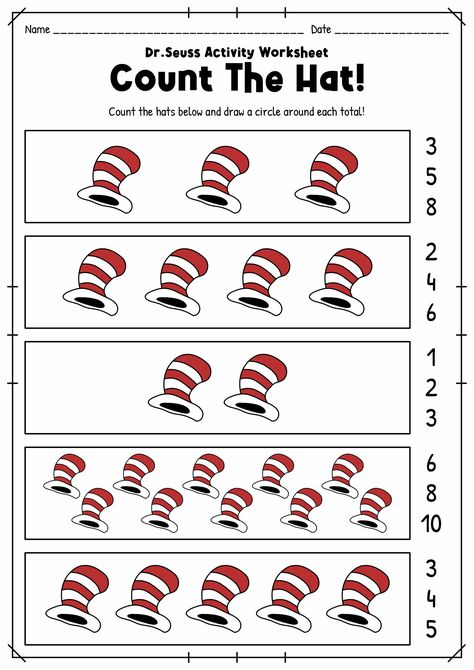 18 Dr. Seuss Worksheets For Preschool / worksheeto.com Dr Seuss Crafts Kindergarten, Dr Seuss Math Activities, Dr Seuss Worksheets, Dr Seuss Printables Free, Dr Seuss Kindergarten, Dr Seuss Math, Dr Seuss Printables, Dr Seuss Characters, Dr Seuss Art