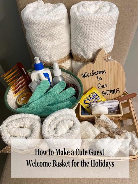 Guest Room Baskets, Guest Welcome Baskets, Welcome Basket, Diy Projects For The Home, Welcome Baskets, Wicker Box, Lavender Spray, How To Roll Towels, Wooden Pumpkins