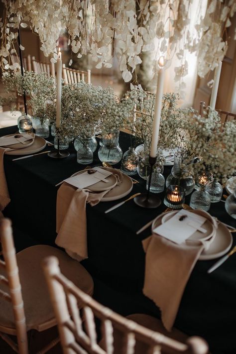 Black Table Linens Wedding, Black Tablecloth Wedding, Black Table Cloth, Black Wedding Table, Blue Colour Scheme, Decorated Table, Gypsophila Flower, Black Tablecloth, Country House Wedding Venues