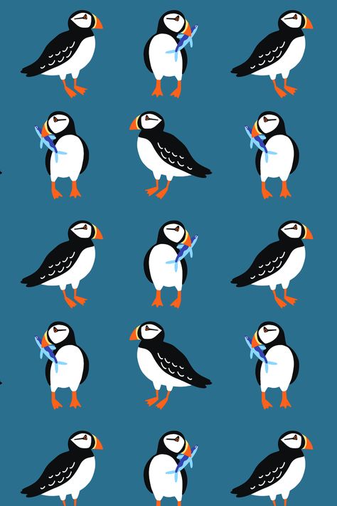 Puffin Nail Art, Puffin Wallpaper, Puffin Quilt, Puffin Embroidery, Puffin Drawing, Puffin Pattern, Blue Bird Wallpaper, Puffin Illustration, Aesthetic Cute Wallpaper