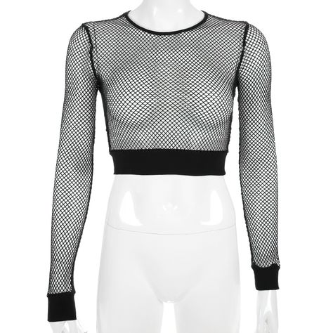 Women's Black Mesh Crop Top - Trendy Casual Cloth  Take a look at our new model of a women's crop top in a casual style. This black crop top is made of quality mesh fabric that will add lightness to your look, and it also has a modern design that will undoubtedly suit you and your style. So choose your size and order this black crop top for your wardrobe.  IMPORTANT  If applicable, please measure your body dimensions and carefully pick a suitable size according to the chart   Gender: Female  Dec Egirl Black, Black Fishnet Top, Crop Top Noir, Blusas Crop Top, Fishnet Crop Tops, Fishnet Top, Mesh Tops, Black Mesh Top, Mesh T Shirt