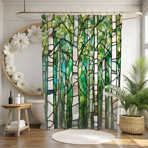 Add a personal touch to your bathroom with this Stained Glass Birch Trees Shower Curtain. This durable shower curtain made of 100% polyester will bring a breath of fresh air to your decor with its vibrant stained glass design. The curtain itself is long-lasting and water-resistant. However, use of a water liner is recommended for complete waterproofness. The curtain has 12 holes for shower hooks; hooks are not included. Machine wash cold with similar colors on a gentle cycle. Tumble dry on low or hang dry. Do not bleach or dry clean. The shower curtain is printed on one side and measures 71 x 74" (180 x 188cm). Please note that this is a pre-constructed item, so size may vary - 2"). Get your Stained Glass Birch Trees Shower Curtain today to give your private space a new look. Or gift it to Stained Glass Shower Curtain, Green Forest Bathroom, Aqua Bathroom Ideas, Forest Themed Bathroom, Enchanted Forest Bathroom, Botanical Bathroom Ideas, Fairy Bathroom Ideas, Jungle Theme Bathroom, Warm Neutral Bathroom Ideas