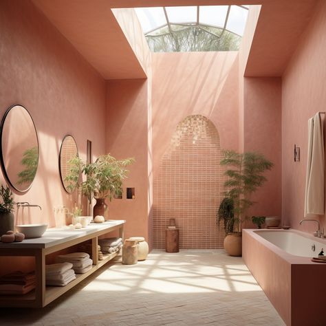 Desert Pink Bathroom, Pink Micro Cement Bathroom, Plaster Pink Bathroom, Lime Plaster Bathroom, Pink Microcement Bathroom, Pink Lime Wash Bathroom, Salmon Bathroom Ideas, Pink Walls Bathroom, Terracotta Limewash