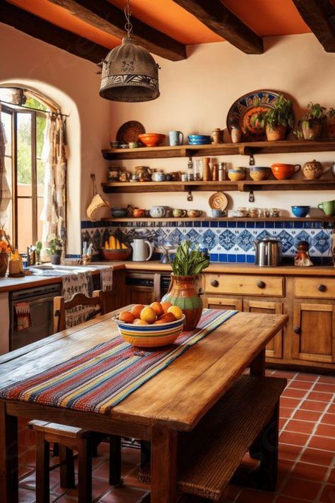 Mexican Rustic Kitchen, Mexican Modern Kitchen, Mexican Kitchen Decor Ideas, Mexican Kitchen Ideas, Mexican Kitchen Design, Mexican Style Kitchens Ideas, Modern Mexican Kitchen, Mexican Farmhouse Decor, Mexico Kitchen