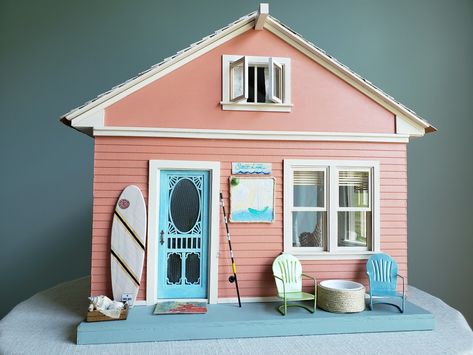 Barbie Beach House, Barbie Beach House Diy, Cardboard Beach House, Beach House Dollhouse, Beach Dollhouse, Miniature Beach House Diy, Handmade Windchimes, Matchstick Blinds, Miniature Beach House