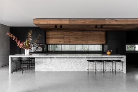 strong symmetrical lines + raw materials dominate concrete residence by the coast of australia Kitchen Inspiration Design, Counter Tops, Interior Design Kitchen, Kitchen Room, 인테리어 디자인, Modern Kitchen Design, Kitchen Inspirations, Kitchen Interior, New Kitchen