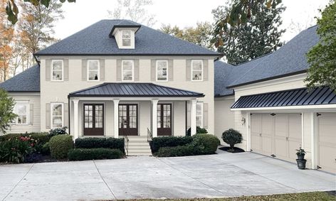 Our Review of Worldly Gray by Sherwin Williams - brick&batten Worldly Gray Sherwin Williams Exterior, White Duck Sherwin Williams Exterior, Worldly Gray Sherwin Williams, Brown Shutters, Grey Brick Houses, Gray Sherwin Williams, Sherwin Williams Exterior, Stucco Colors, Worldly Gray