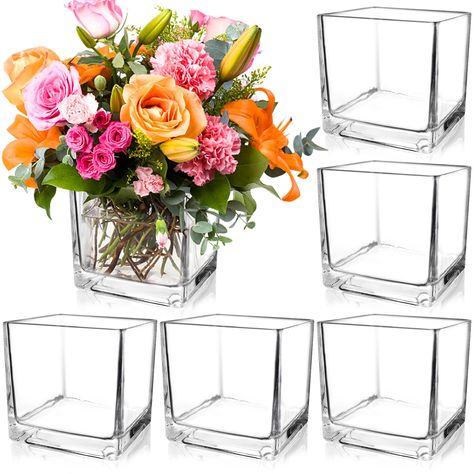 Clear Glass Vase With Fake Flowers, Small Table Flower Arrangements Simple, Square Vases Centerpieces, Mini Flower Arrangements Bud Vases, 90th Birthday Decorations Ideas, Landscaping Centerpieces, Wedding Floral Table Arrangements, Picture Frame Centerpiece Ideas, Floral Centerpieces For Party