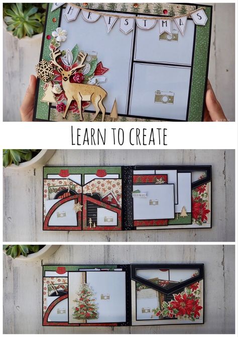 Christmas Photo Album Diy, Christmas Photo Album Ideas, Diy Mini Album Tutorial, Scrapbook Album Cover, Interactive Scrapbook, Explosion Cards, Diy Albums, Scrapbook Albums Tutorial, Christmas Journals