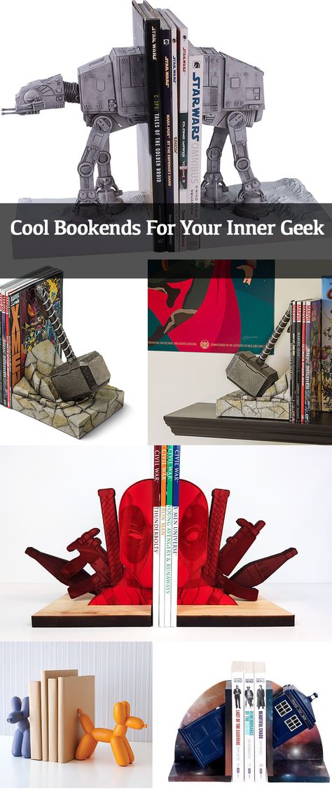 There’s something already geeky about people who love books ( and cool!) so why not go nerdy all the way and add some geeky style to your library with the right kind of bookend figurines or design. #bookends #bookendsideas #home #homedecor ##bookshelves #geek Nerd Home, Nerdy Decor, Nerd Room, Geeky Craft, Nerd Crafts, Geeky Fashion, Creeped Out, Eclectic Interior Design, Star Wars Light Saber