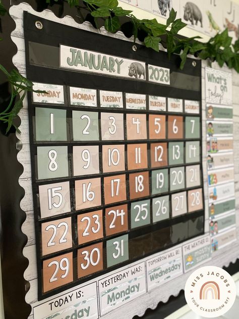 Classroom Calendar | Modern Jungle | Pocket Chart and Standard Size - Default Title - Miss Jacobs Little Learners Forest Green Classroom, Green Theme Classroom Decoration, Calendar Area Classroom, Earth Tone Classroom Theme, Classroom Weather Chart, Minimalist Preschool Classroom, Natural Preschool Classroom Decor, Calm Classroom Themes, Jungle Calendar