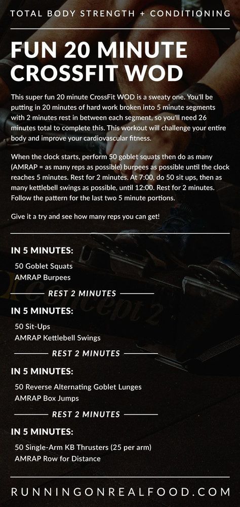 Try this fun and sweaty 20 minute CrossFit WOD! It's 20 minutes of hard work broken into 5 minute segments with 2 minutes rest in between each segment, so you'll need 26 minutes total to complete this. This workout will challenge your entire body and improve your cardiovascular fitness. Give it a try and see how many reps you can get!! Crosstrainer Workout, Wods Crossfit, Crossfit Workouts Wod, Crossfit Workouts At Home, Amrap Workout, Workout Fat Burning, Crossfit At Home, Crossfit Wods, Wod Workout