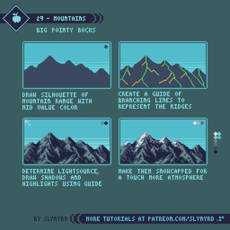 Pixel Art Clouds Tutorial, Mountain Tutorial Digital, Pixel Art Mountain Landscapes, Pixel Art Begginers, How To Make Pixel Art Tutorials, How To Pixel Art Tutorials, Pixel Tutorial Art, Pixel Art Practice, How To Do Pixel Art