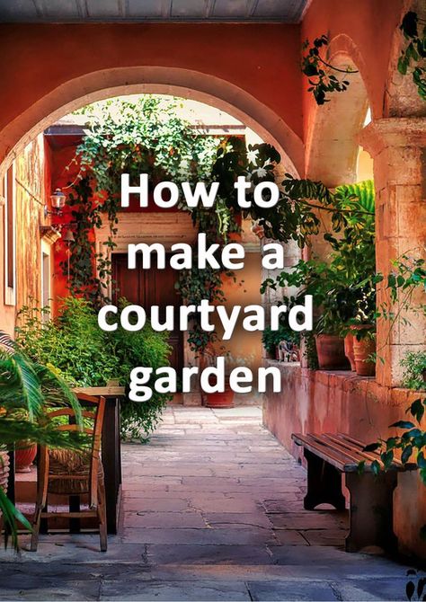 A courtyard garden with plants and pots Cottage Garden Borders, Courtyard Plants, Spanish Courtyard, Moroccan Garden, Mexican Garden, Indoor Courtyard, Flower Borders, Courtyard Landscaping, Tuscan Garden