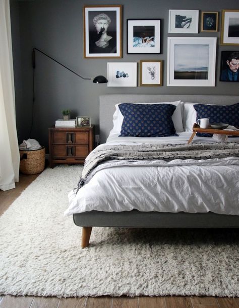 I like the mix of frames here. The Good, The Bad, Would We Do It Again? Small Bedrooms, Hiasan Bilik Tidur, Masculine Bedroom, Bed Platform, Gray Walls, Mens Bedroom, Hiasan Bilik, Bilik Tidur, Lexington Kentucky