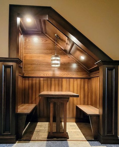 Its a great idea for under the stairs to add additional seating adjacent to your basement home bar, pub or speakeasy Basement Stair, Pub Interior, Home Bar Rooms, Rustic Basement, Basement Remodel Diy, Solid Oak Table, Oak Table Top, Game Room Basement, Basement Inspiration