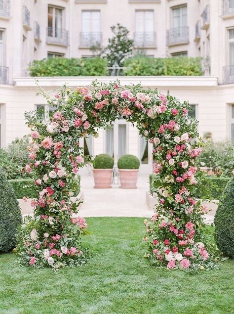 Pink And White Floral Arch, Wedding Arch Pink, Wedding Flower Archway, Wedding Flower Theme, White Floral Arch, Flower Archway, Pink Rose Garden, Cakes Table, White Wedding Arch