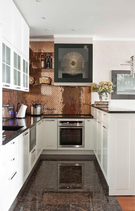 Copper backsplash adds personality to this kitchen. Kitchen Cabinets And Backsplash, Copper Kitchen Backsplash, Copper Backsplash, White Kitchen Remodeling, Rosé Gold, Herringbone Backsplash, Transitional Kitchen, Copper Kitchen, Kitchen Tiles Backsplash