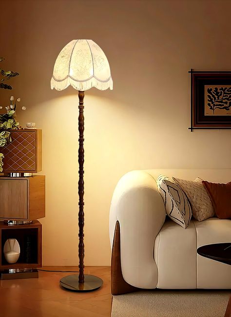 Transform your living area with the Printed Tassel Floor Lamp. This lamp showcases a beautifully patterned lampshade complemented by charming tassel accents, embodying timeless elegance. Its rich walnut base introduces warmth and sophistication, making it an ideal fit for classic or vintage interiors. Meticulously crafted for a luxurious touch. If you have any questions about our products, please contact us and we will reply to you within 24 hours. Product Size: Diameter 40cm x Height 16 Vintage Floor Lights, Retro Floor Lamps, Fabric Floor Lamp, Vintage Interior Decor, Recessed Wall Lights, Arm Floor Lamp, Lamp Vintage, Vintage Lamp, Chandelier Floor Lamp