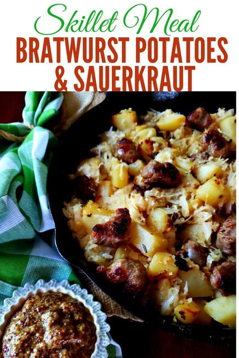 Bratwurst Potatoes and Sauerkraut Skillet Meal is a delicious quick and easy family meal. This one skillet dinner is perfect for those busy days and takes about half an hour to prepare. A great recipe for your Oktoberfest celebration at home. #bratwurst #sauerkraut #friedpotatoes #skilletmeals #bratsandkraut #Oktoberfest #easyrecipes #familydinnerideas #southernfood #southernrecipes #germanfood #sausageandpotatoes #juliassimplysouthern Bratwurst Cabbage Recipes, Impossible Bratwurst Recipes, Bratwurst Bites Recipes, Food With Sauerkraut, Chicken Bratwurst Meals, Bratwurst With Sauerkraut, Kielbasa Sourkrout And Potatoes, Bratwurst Sauerkraut Recipes, Brats And Sauerkraut Skillet