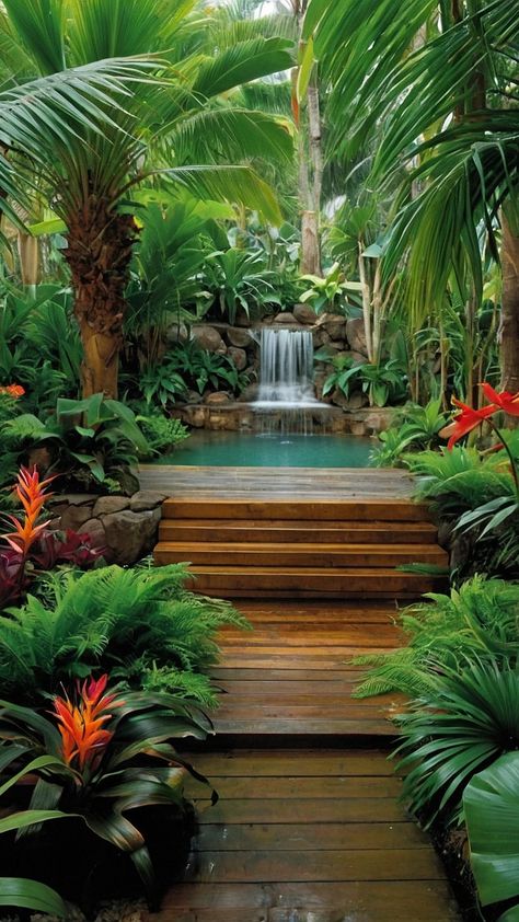 Tropic Vibes: 15 Creative Landscape Ideas to Bring the Islands Home - pulsepathlife.com Waterwise Landscaping, Tropical Pool Landscaping, Tropical Backyard Landscaping, Hawaiian Gardens, Balinese Garden, Tropical Landscape Design, Florida Landscaping, Tropical Garden Design, Tropical Backyard