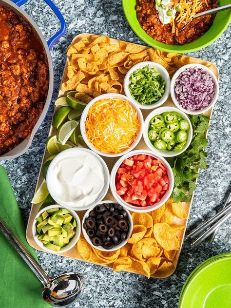 What To Serve With Chili | Chili Bar | Ain't Too Proud To Meg Chilli Bar Ideas Parties, Chili Toppings Bar, Chilli Bar, Easy Super Bowl Recipes, Chili Board, Game Day Ideas, Chili Bar Party, Chili Sides, Veggies Dip