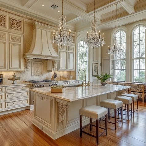 Marble House Decor Interior Design, Stunning Kitchens Classic, Luxury French Country Kitchen, Gorgeous Kitchens Classic, Country French Kitchen Ideas, Non White Kitchen, White Tuscan Kitchen, Traditional White Kitchens, Old Money Kitchen