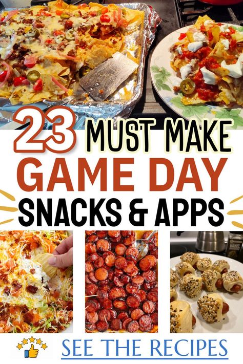 23 Must Make Game Day Snacks and Apps - Shareable game day snacks football finger foods easy appetizers dips and football party meals. From college Saturday to Monday Night Football, Super Bowl and Draft Parties, these are simple inexpensive gameday recipes for football season that will feed a crowd cheap. Feed A Crowd Cheap, Football Game Appetizers, Game Day Snacks Football, Football Season Appetizers, Easy Game Day Snacks, Football Appetizers Easy, Football Game Snacks, Football Game Food, Party Food On A Budget