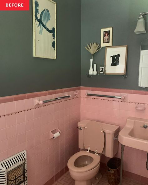 Vintage Pink Tile Bathroom Ideas, Old Pink Tile Bathroom Ideas, 60s Bathroom Remodel, Pink Tiled Bathroom, Vintage Pink Tile Bathroom, Pink Tile Bathroom Ideas, Pink Vintage Bathroom, Green And Pink Bathroom, 1930s Bathroom