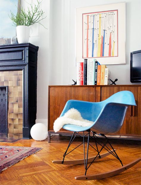 Love the floor, the wooden sideboard and chair. Plastic Wall Panels, Eames Rocking Chair, Modern Style Furniture, Rocker Chairs, Charles Eames, Brick Fireplace, Mid Century Modern Furniture, Mid Century Modern Design, Residential Design