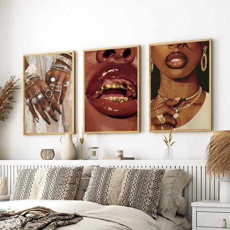 Black woman in luxurious jewelry wall art - set of Boca Chica, Self Portraits In Bedroom, Bedroom Decor Ideas Black Women, Black Culture Decor, African American Apartment Decor, Black Art Room Decor, Black Woman Room Decor, Wall Art Black Women, Black And Brown Apartment Aesthetic