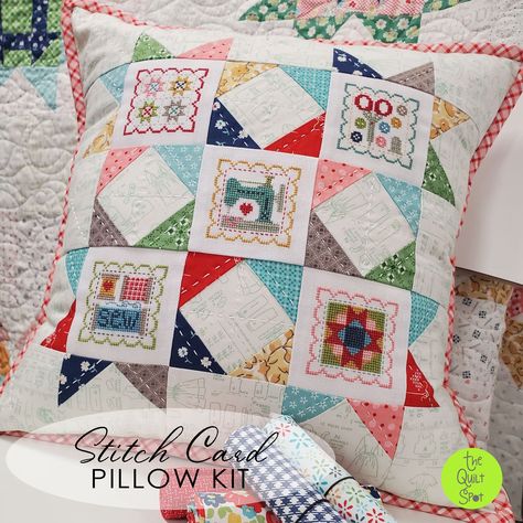 Lori Holt Stitch Card Pillow Kit Patchwork, Lori Holt Cross Stitch, Stitch Cards, Lori Holt, Cross Stitch Pillow, Cross Stitch Finishing, Quilted Pillow, Toss Pillows, Quilt Shop